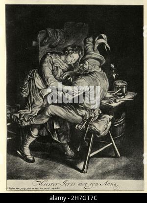 Mari et femme flirting, allemand.Les joies conjugales.Gravure en cuivre originale de J. Gole après C. Duart XVIIe siècle Banque D'Images