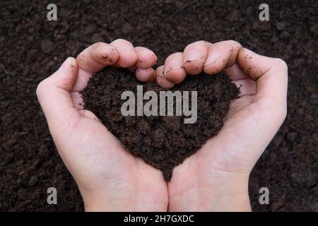 Mains de femmes tenant un tas de terre en forme de coeur.Concept du jour de la Terre. Banque D'Images