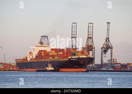 Le bateau à conteneurs Catherine C se quai au port de Felixstowe, Suffolk, Royaume-Uni, assisté par les remorqueurs Svitzer Shotley et Svitzer Deben. Banque D'Images