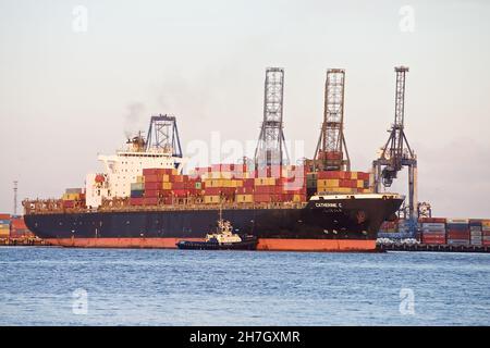 Le bateau à conteneurs Catherine C se quai au port de Felixstowe, Suffolk, Royaume-Uni, assisté par les remorqueurs Svitzer Shotley et Svitzer Deben. Banque D'Images