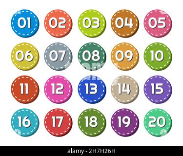 Numéros plats colorés des boutons.De un à vingt.Arrière-plan blanc. Illustration de Vecteur