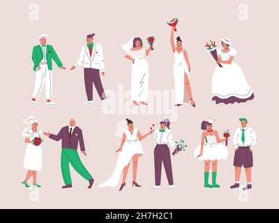 Grand ensemble de personnages dans des robes de mariage et des costumes.Mariée et marié, jeunes mariés de différentes nationalités, jeunes et vieux hommes et femmes sont heureux Illustration de Vecteur