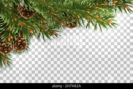 Cadre d'angle de branches d'épinette à feuilles persistantes, de cônes de pin et de flocons de neige.Pour les décorations de Noël et les cartes de vœux.Isolé sur un b transparent Illustration de Vecteur