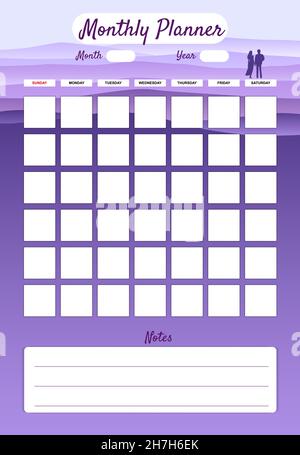 Scénario de modèle de planificateur mensuel.Paysage minimal avec arrière-plan de couple, notes.Gestion des ordinateurs portables professionnels, organiseur Illustration de Vecteur