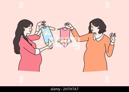 Concept de maternité et de grossesse heureux.Deux femmes enceintes souriantes debout choisissant des vêtements pour leurs bébés garçon et fille illustration vectorielle Illustration de Vecteur