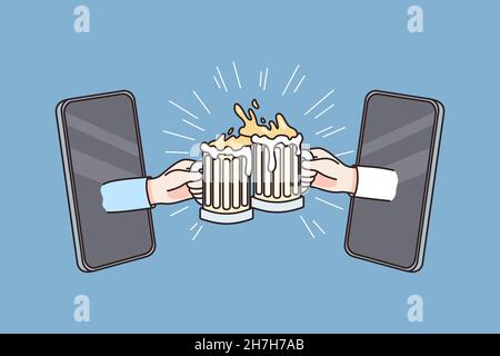 Concept de fête et de célébration en ligne.Les mains humaines clinking verres avec de la bière en ligne à partir de smartphones écrans sur fond bleu illustration vectorielle Illustration de Vecteur