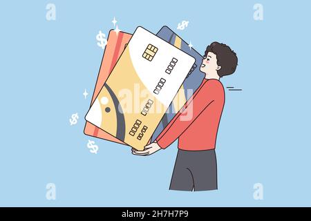 Succès financier et concept de richesse.Jeune homme positif tenant des cartes de crédit énormes pour payer se sentant excité sur fond bleu illustration vectorielle Illustration de Vecteur