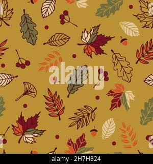 Motif vectoriel sans couture avec feuilles d'automne sur fond vert.Papier peint de saison simple.Textile de mode floral décoratif de forêt. Illustration de Vecteur