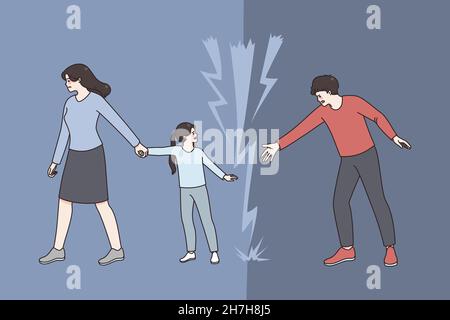 Divorce et choix difficile.Femme mère tenant la main de sa fille et s'en va avec elle tandis que son père la atteignant pour elle d'une autre illustration vectorielle latérale Illustration de Vecteur