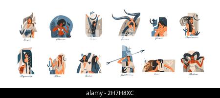 Dessin à la main vecteur stock résumé illustrations graphiques avec zodiaque astrologique signes contemporains ensemble de symboles collection, beauté magie femelle Illustration de Vecteur