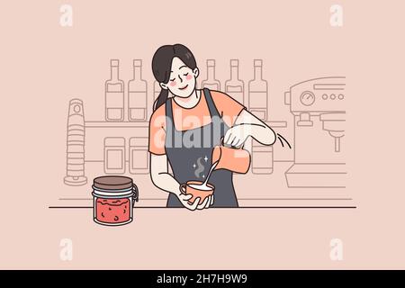 Travailler en tant que barista dans le concept de coffeeshop.Jeune femme Barista préparer du cappuccino ou du latte avec du lait pour le client pendant le travail, sentant une illustration vectorielle positive Illustration de Vecteur