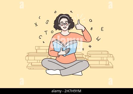 Processus d'éducation et concept d'émotions positives.Fille souriante étudiante assise sur le plancher livre de lecture montrant le signe de pouces vers le haut avec les doigts illustration vectorielle Illustration de Vecteur