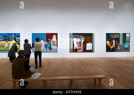 Exposition rétrospective de Lubaina Himid au Tate Modern de Londres.Un aperçu de plus de 40 ans de travail.Des peintures aux textes poétiques en passant par les soundscapes.L'exposition donne une rare chance de découvrir l'étendue de son travail.Himid a remporté le prix Turner en 2017 et est l'un des artistes noirs les plus influents vivant.L'exposition débute le 25 novembre au 3 juillet 2022 à Tate Modern à Londres. Banque D'Images