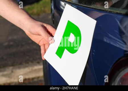 Un nouveau jeune conducteur mettant des plaques P sur sa voiture au Royaume-Uni. Banque D'Images