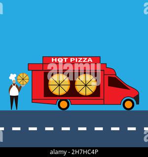 Voiture de livraison de nourriture en roulant le long de l'autoroute.Camion de livraison.Pizzas prêtes dans la fenêtre de voiture.Pare-soleil au-dessus de la vitreTexte sur la voiture - Hot Pizza.Chef stan Illustration de Vecteur
