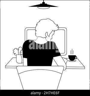 Jeune homme moderne travaillant sur un ordinateur portable à la maison ou au bureau.Vecteur noir et blanc en style simple ou dessin à la main ..Technique homme caractère plat Illustration de Vecteur