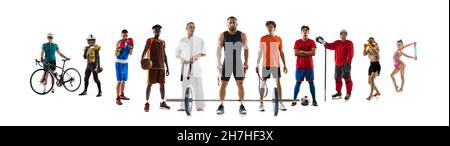 Collage de différents sportifs, hommes et femmes, debout dans une ligne isolée sur fond blanc Banque D'Images