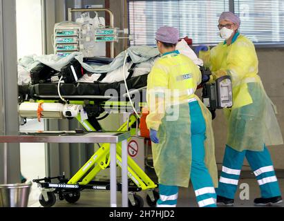 23 novembre 2021, Rhénanie-du-Nord-Westphalie, Bochum: L'équipage d'une ambulance hollandaise amène un patient Covid 19 de Rotterdam à l'hôpital universitaire BG de Bochum.Le patient avait été traité dans l'unité de soins intensifs de Rotterdam.Photo: Roland Weihrauch/dpa Banque D'Images