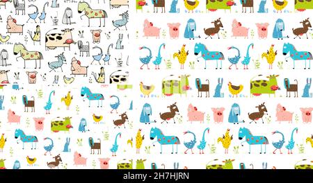 Motifs de dessin sans couture de Farm Village Animals Illustration de Vecteur