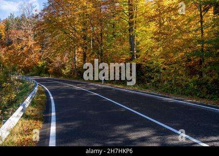 Belle route de montagne asphaltée en robe d'automne Banque D'Images