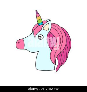 Icône de dessin animé simple.Adorable dessin animé tête de licorne emoji.Illustration vectorielle en blanc Illustration de Vecteur