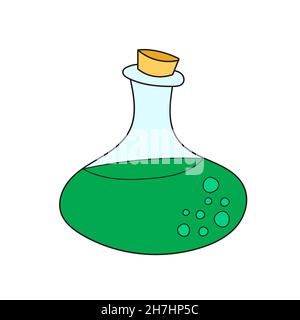 Icône de dessin animé simple.Flacon en verre avec poison vert.Illustration vectorielle dessinée à la main en blanc Illustration de Vecteur