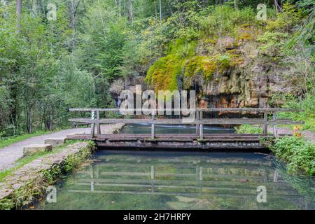 Pont en bois au-dessus du bassin avec réflexion sur la surface de l'eau, cascade de Kallektuffquell avec l'eau qui coule entre les formations rocheuses avec des os verts Banque D'Images