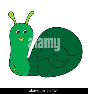 Icône de dessin animé simple.Adorable escargot vert souriant sur fond blanc.Concept d'autocollants d'insectes mignons et drôles et d'animaux de jardin pour les enfants. Illustration de Vecteur