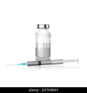 Concept du vaccin contre le coronavirus Covid-19.Flacons en verre médical réalistes avec bouchons en métal et fond vectoriel de seringue avec espace de copie.Vaccination contre Illustration de Vecteur