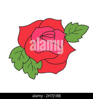 Icône de dessin animé simple.Rose simple rouge.Illustration vectorielle dessinée à la main en blanc Illustration de Vecteur