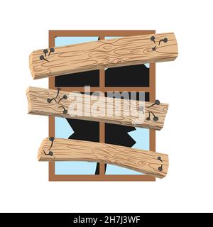 Vitre cassée et boarée.Fenêtre de la maison abandonnée Illustration de Vecteur