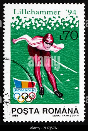 ROUMANIE - VERS 1994 : un timbre imprimé en Roumanie montre Speed Skating, Jeux olympiques d'hiver de 1994, Lillehammer, vers 1994 Banque D'Images