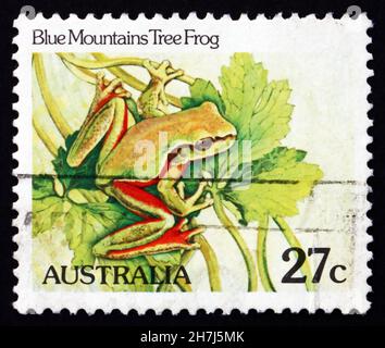 AUSTRALIE - VERS 1981 : un timbre imprimé en Australie montre la grenouille des Blue Mountains, Litoria Citropa, Amphibienne, vers 1981 Banque D'Images