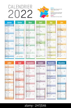 Calendrier coloré de l'année 2022, en français, sur fond blanc. Modèle vectoriel Illustration de Vecteur