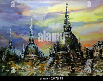 Art painting aquarelle Temple Bouddha statue thaïlande , Ayutthaya Historical Park , Wat Phrasisanph Banque D'Images