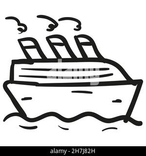 Icône représentant un bateau de croisière dessiné à la main dans un style de caniche isolé. Illustration de Vecteur