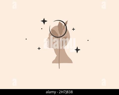 Dessin à la main vecteur résumé stock plat illustration graphique avec élément de logo, bohème magie art de croissant, silhouette humaine et feuille florale en simple Illustration de Vecteur