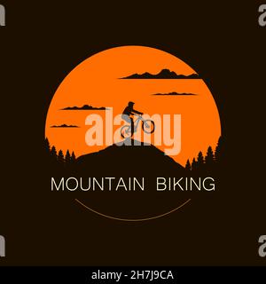 Logo vélo tout terrain rond avec cycliste extrême sur une colline.Badge MTB, freeride, descente, endoro.Modèle vectoriel. Illustration de Vecteur