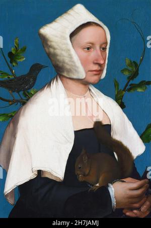 Une dame avec un écureuil et un Starling (Anne Lovell?)Par Hans Holbein le jeune (1497/8-1543), huile sur panneau de chêne, c.1526-8 Banque D'Images