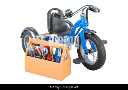 Tricycle pour enfants avec boîte à outils.Service et réparation de vélo pour enfants, rendu 3D isolé sur fond blanc Banque D'Images