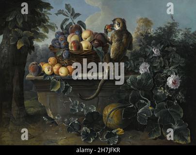 Alexandre-França Desportes (1661-1743) - encore la vie avec un singe et un panier de fruits reposant sur une corniche avec un paysage au-delà Banque D'Images