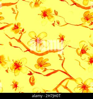Aquarelle peinture florale japonaise.Sakura Banque D'Images