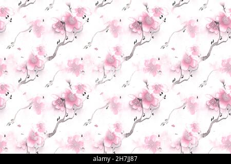 Aquarelle Sakura Japon.Rose sans couture Banque D'Images