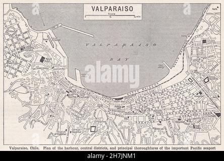 Carte ancienne de Valparaiso, Chili 1930s. Banque D'Images