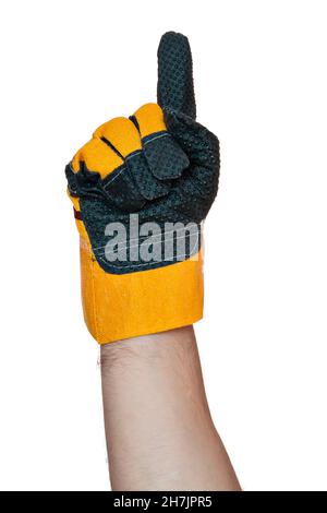 Main de l'homme dans le gant de construction avec l'index vers le haut.Informations pour les constructeurs.Objet isolé sur fond blanc.Symbole ou signe.Tenez compte. Banque D'Images