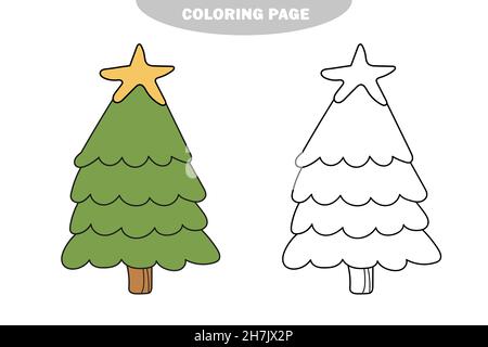 Page de coloriage simple.Arbre du nouvel an à colorier, le livre de coloriage pour les enfants d'âge préscolaire avec niveau de jeu facile.Version couleur et noir et blanc Illustration de Vecteur