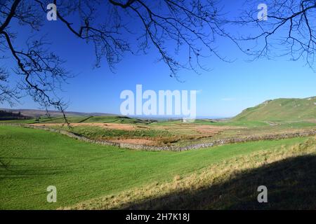 La campagne de calcaire des hautes terres du Yorkshire du Nord est mise en valeur par la lumière du soleil d'hiver tôt le matin. Banque D'Images