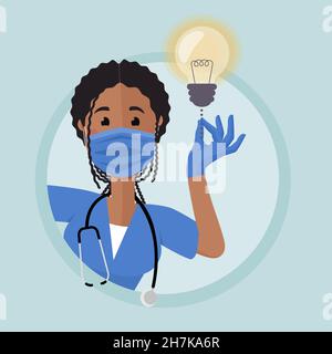 Femme médecin, apparence afro-américaine.Regarde par le coin et tire le cordon de l'ampoule.L'ampoule s'allume.Illustration vectorielle plate. Illustration de Vecteur