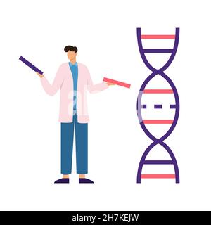 Homme scientifique en manteau blanc tenant des morceaux d'ADN dans ses mains Illustration de Vecteur