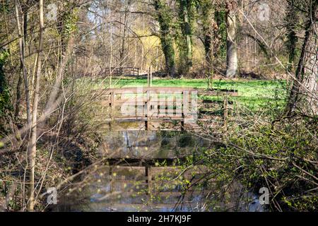 Un pont caché idyllique et romantique au-dessus d'un plan d'eau au milieu de plantes dans un parc Banque D'Images